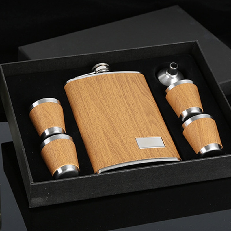 Wood Coated Hip Flask Gift Set